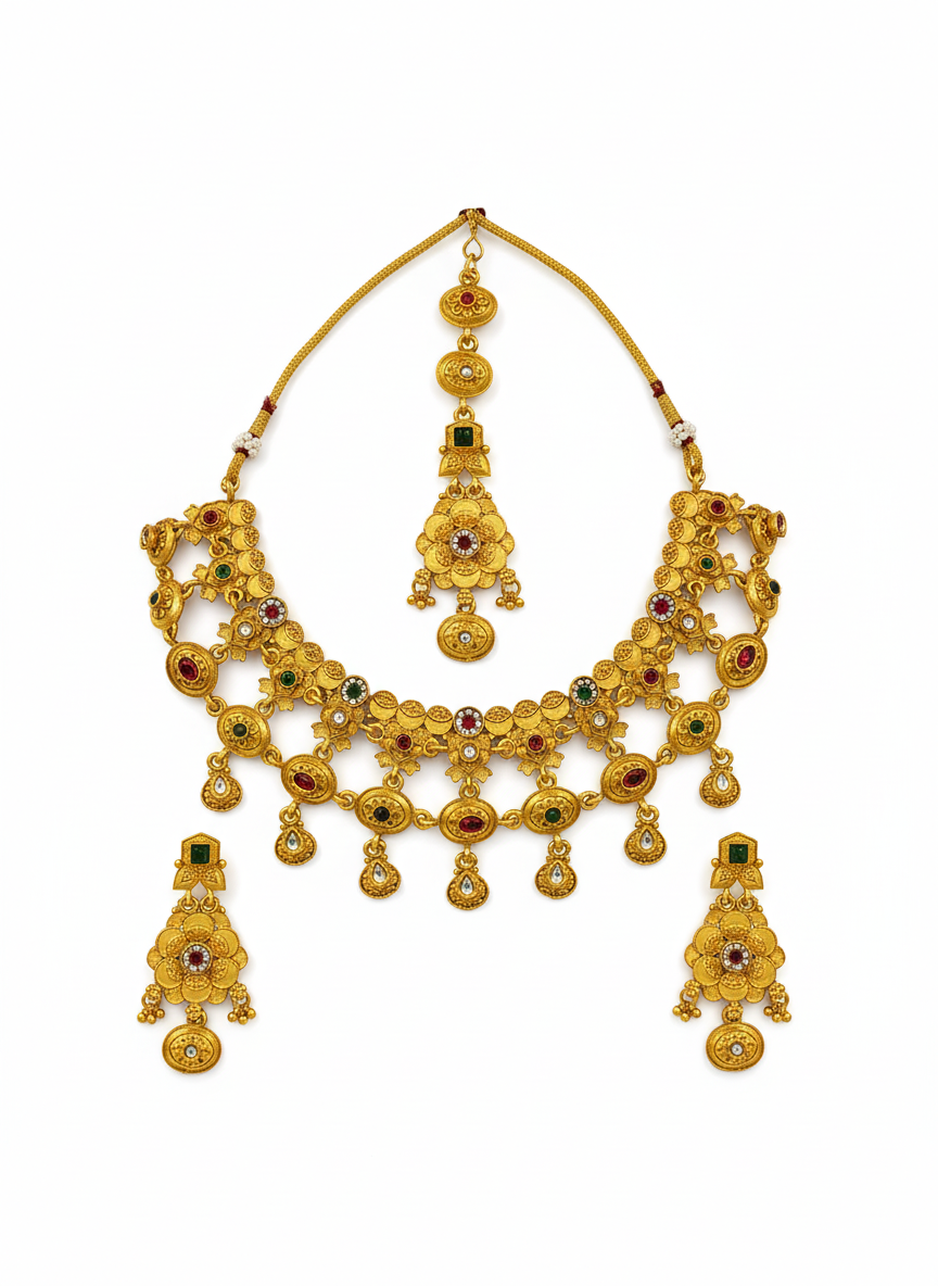 Ethnic Gold Plated Matte Necklace Set with Earrings and Maang Tikka for Women - MVMMSTGD185