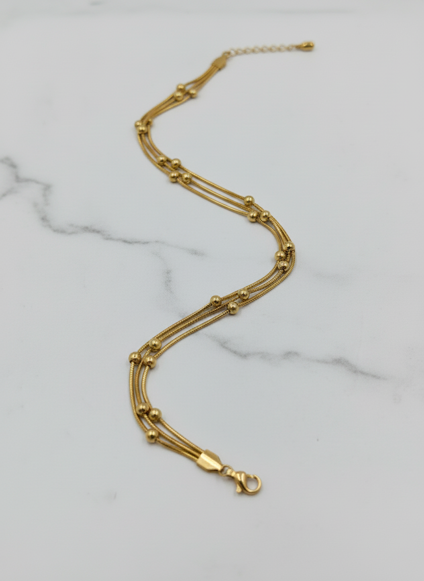 MVK Gold Plated Triple Layer Snake Chain Anklet with Beads for Women and Girls - MVKMAKGD170