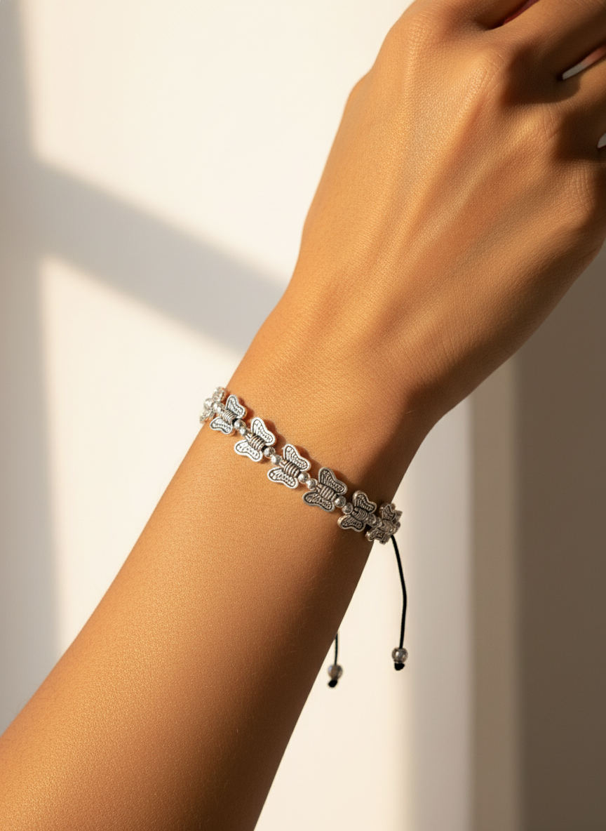 Silver Oxidized Butterfly Charm Anklet with Adjustable Thread for Women - MVDRAKSR192