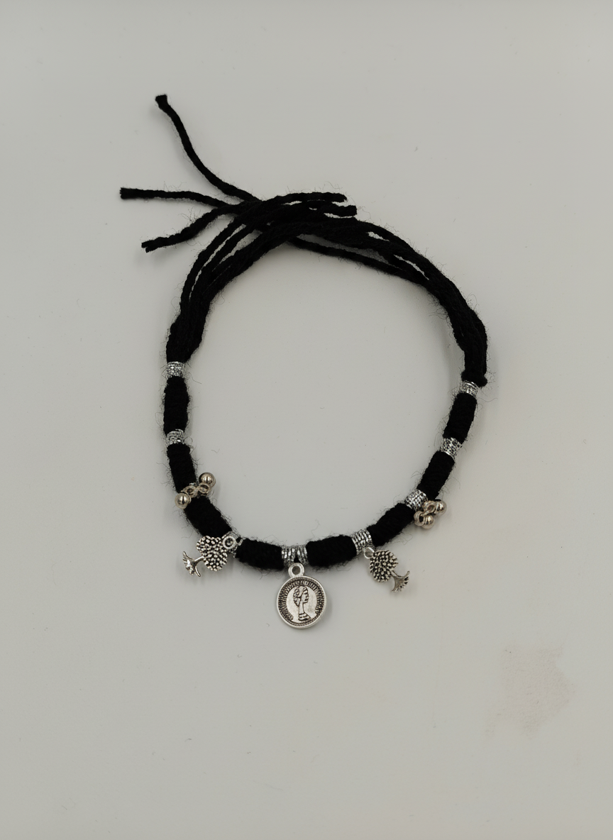 Silver Oxidised Black Thread Ring Bracelet for Women Boho Tribal Hathphool - MVDRBRGD172