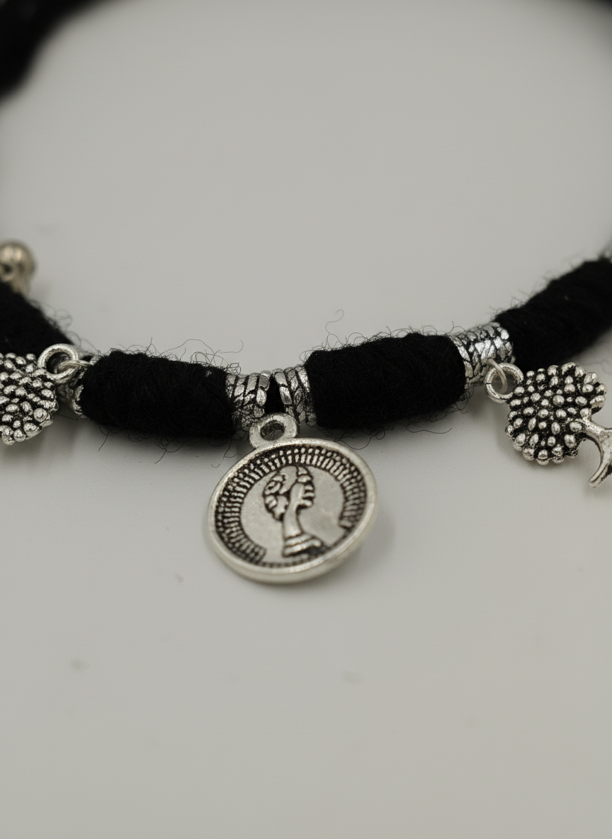 Silver Oxidised Black Thread Ring Bracelet for Women Boho Tribal Hathphool - MVDRBRGD172