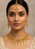 Ethnic Gold Plated Matte Necklace Set with Earrings and Maang Tikka for Women - MVMMSTGD185