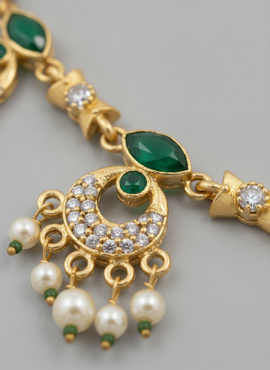 Gold Plated Green Stone and Pearl Necklace Jewelry Set for Women - MVJPSTGD204