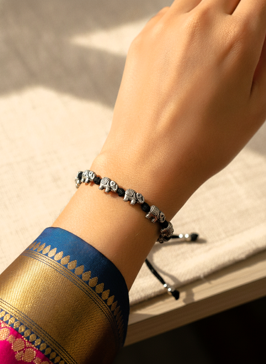 Silver Oxidised Elephant Black Thread Adjustable Bracelet for Women and Men - MVJPBRSR200