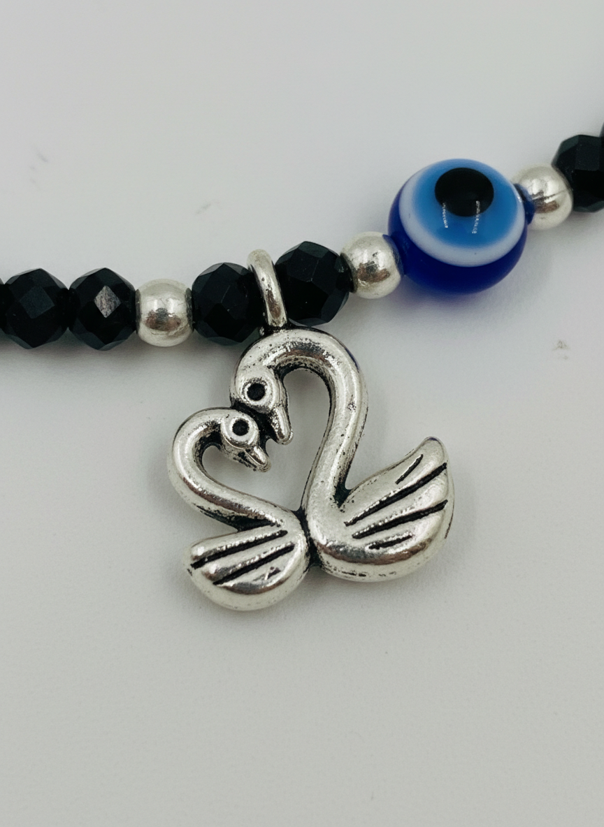 Tending Black Bead Anklet for Girls & Women |Evil Eye Protection | Silver Swan - MVDRAKSR105