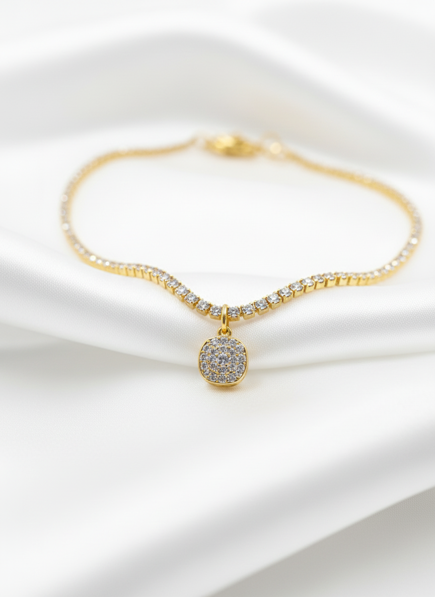 Gold Plated CZ Stone Studded Tennis Chain Necklace with ROUND  Pendant Women - MVANNKGD158