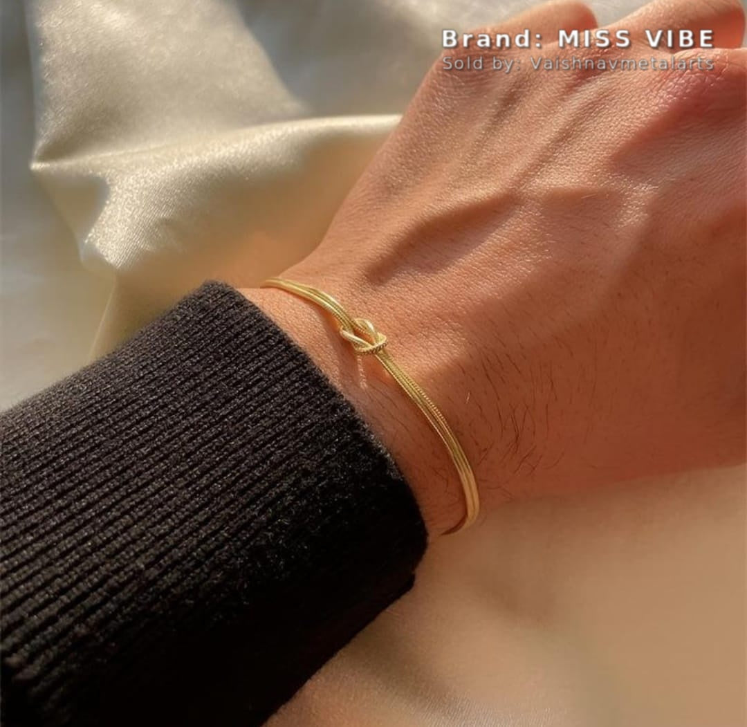 Women Gold Plated Double Strand Snake Chain Love Knot Bracelet for Girls - MVKMBRGD168