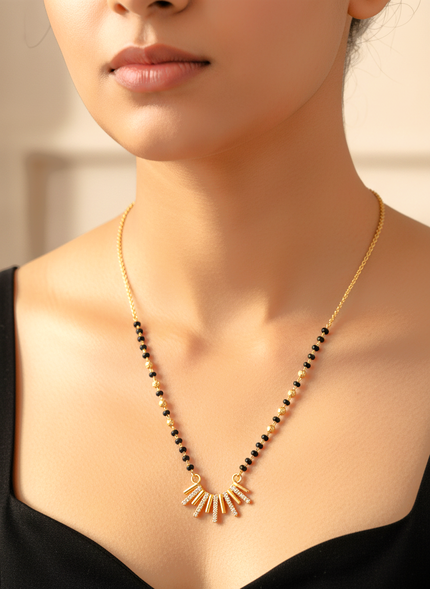 Gold Plated Stone Studded Sunburst Mangalsutra for Women with Black Beads - MVMFMSGD178