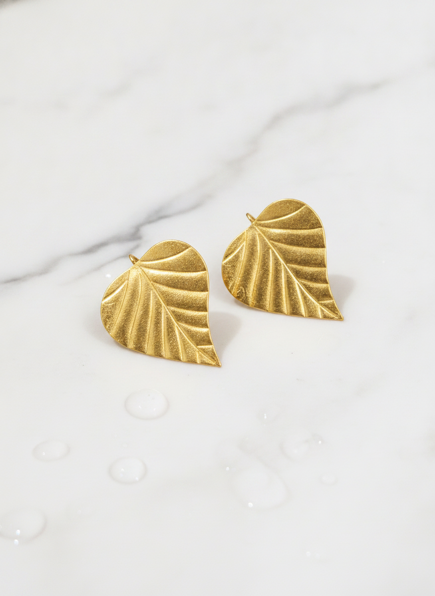 MVJ Gold Plated Textured Leaf Drop Earrings for Women and Girls - MVJPERGD211