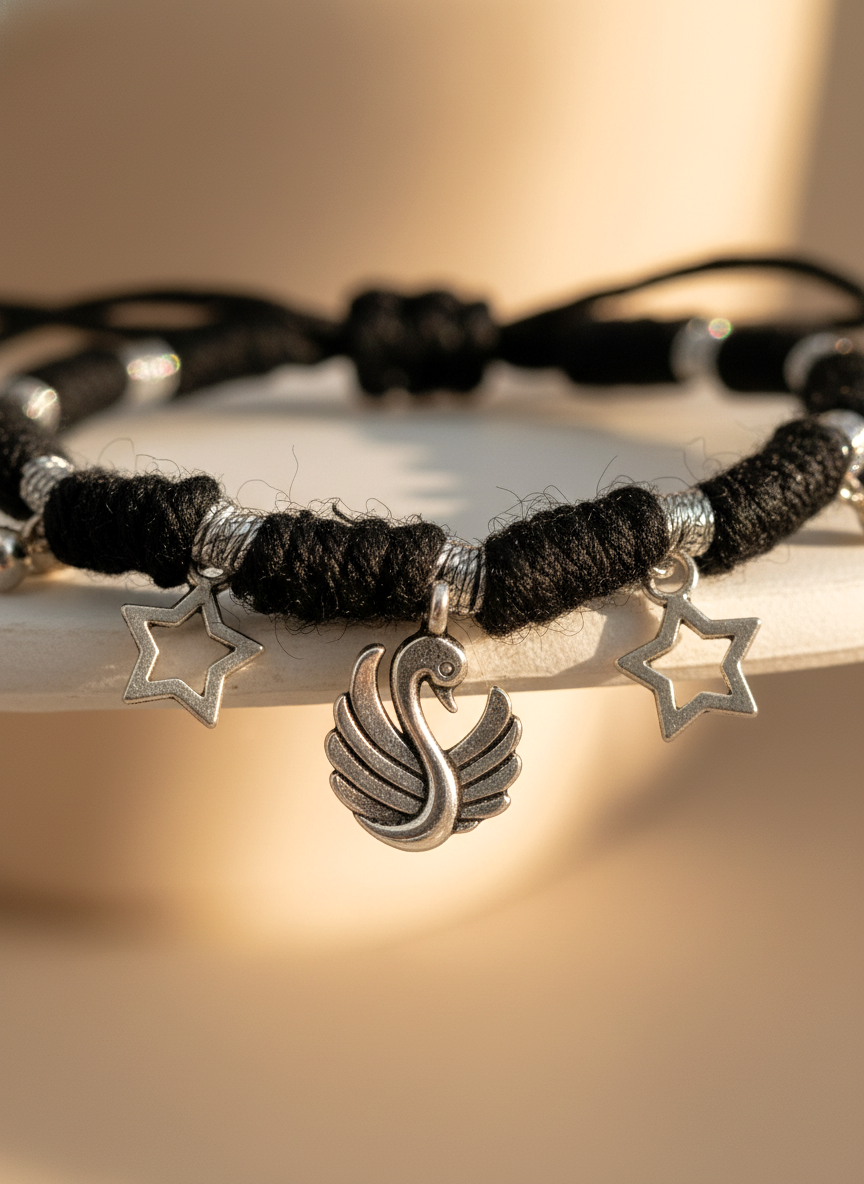 Women Black Thread Charm Bracelet with Oxidized Silver Swan and Star Charms - MVDRBRGD173