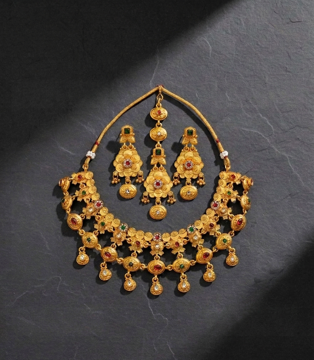 Ethnic Gold Plated Matte Necklace Set with Earrings and Maang Tikka for Women - MVMMSTGD185