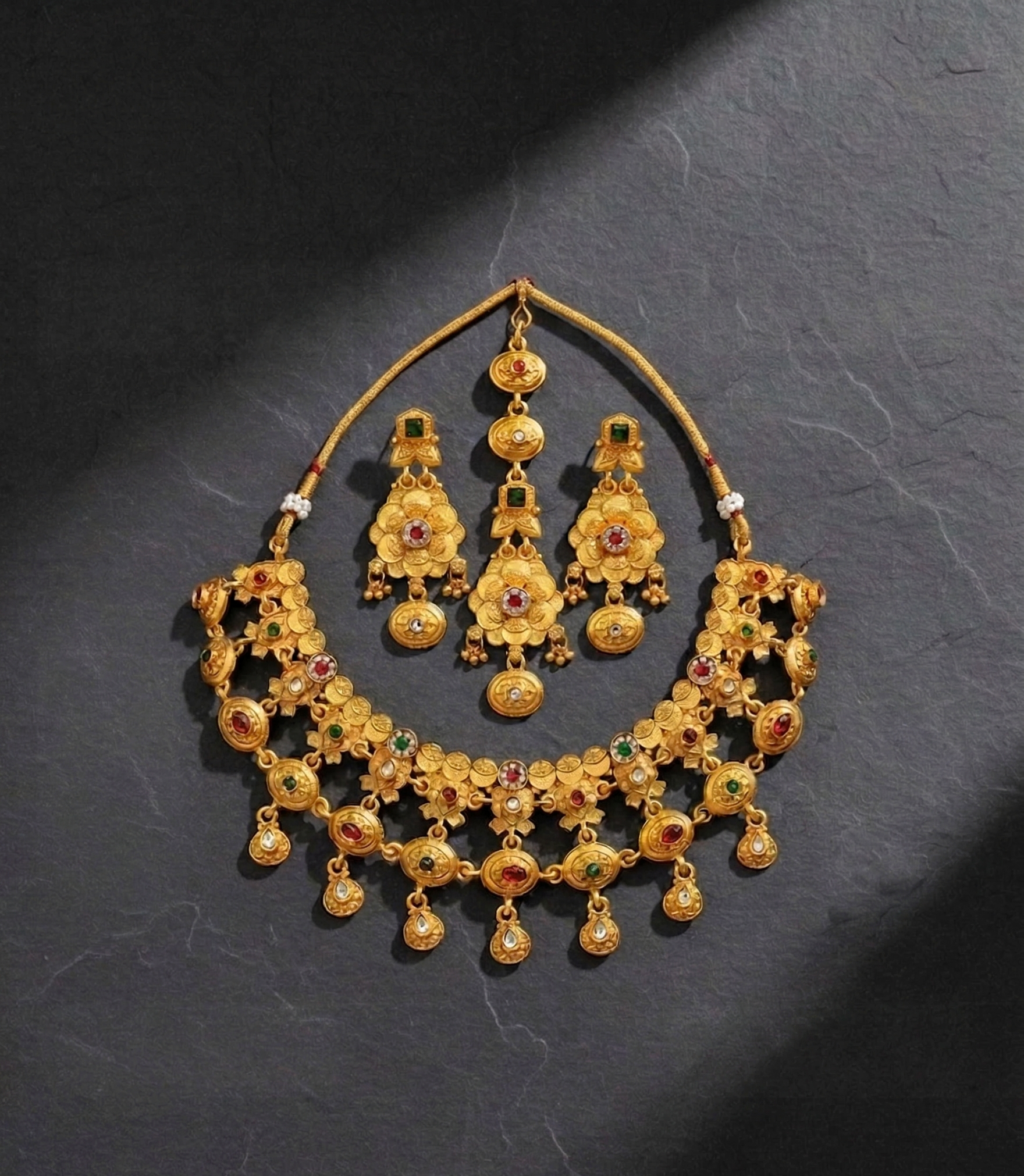 Ethnic Gold Plated Matte Necklace Set with Earrings and Maang Tikka for Women - MVMMSTGD185