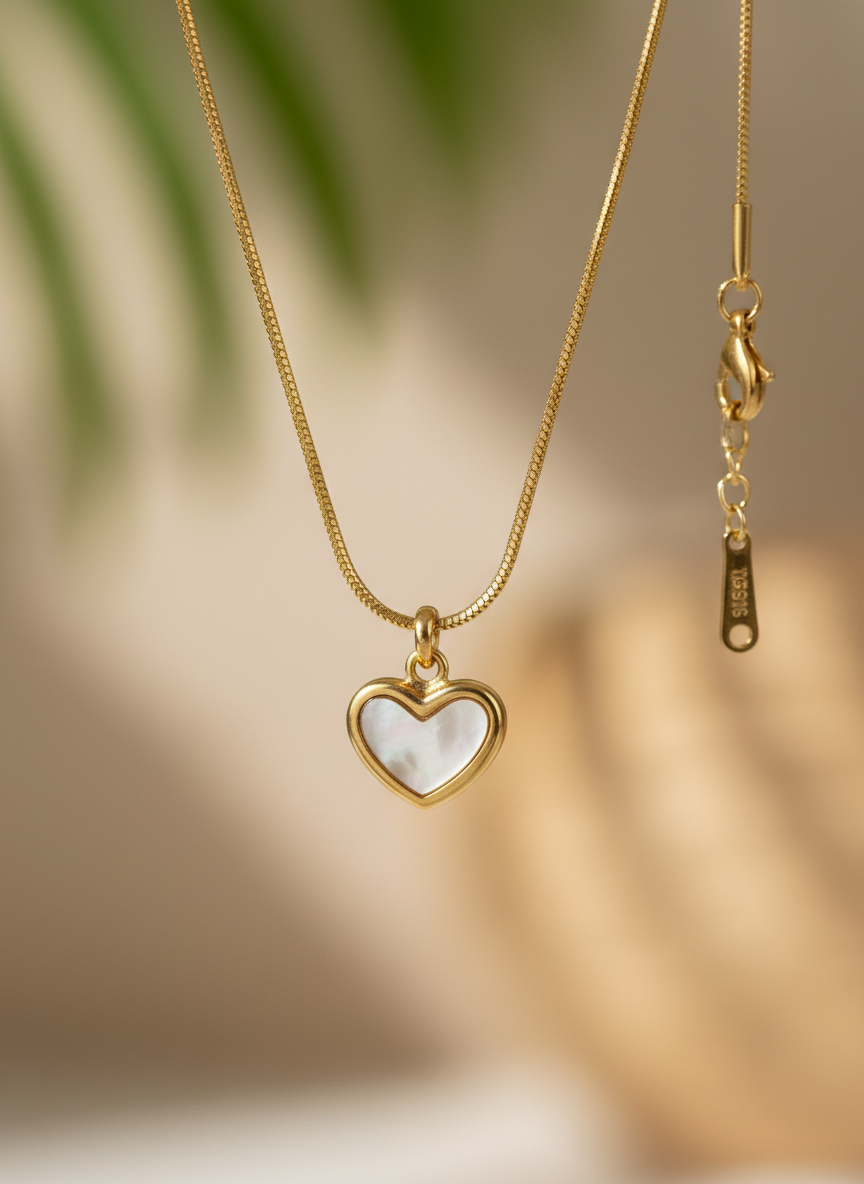 Elegant Gold Plated Heart Pendant Necklace for Women - Shimmering Mother of Pearl Style Inlay on Sleek Snake Chain - Hypoallergenic Jewelry Gift for Her - MVHSNKGD31