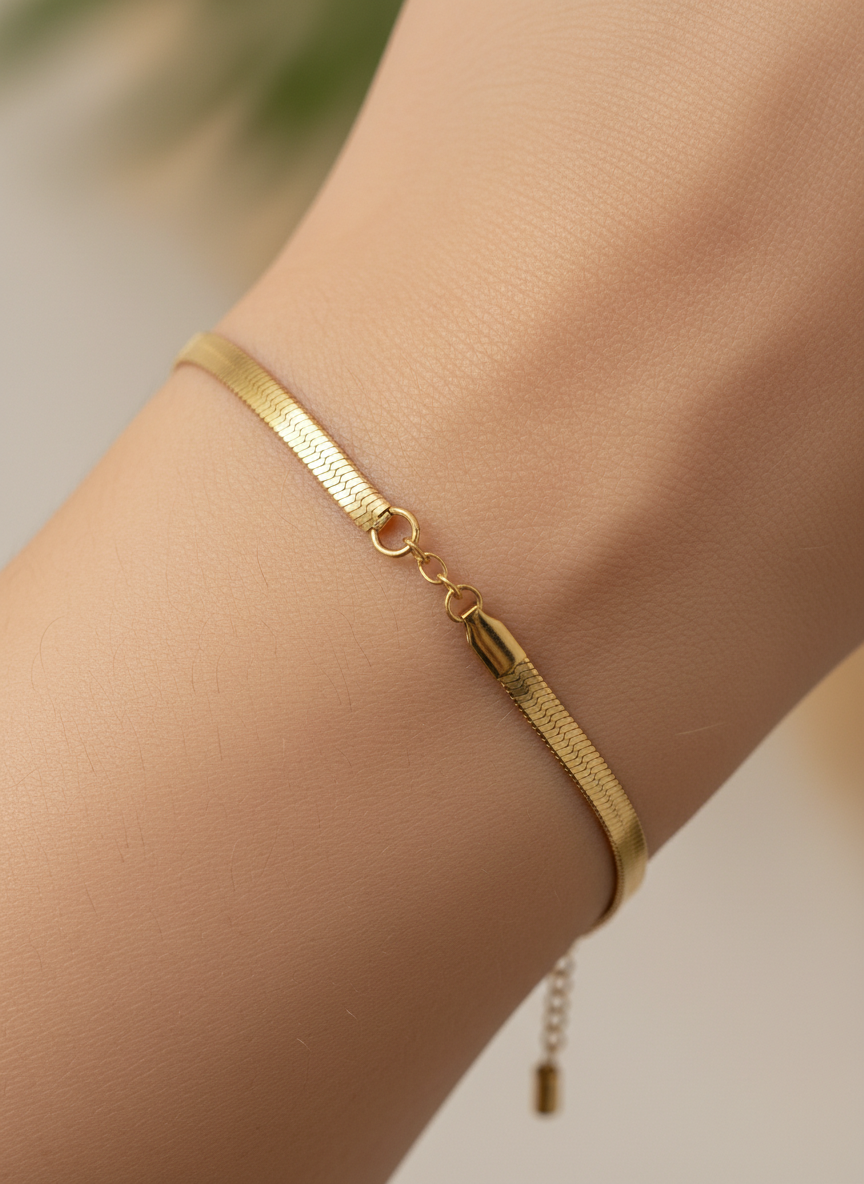 Elegant Gold-Plated Herringbone Snake Chain Anklet for Girls and Women – Sleek Flat Link Ankle Bracelet with Adjustable Extender – Minimalist Foot Jewelry for Summer & Occasions - MVDRAKGD98