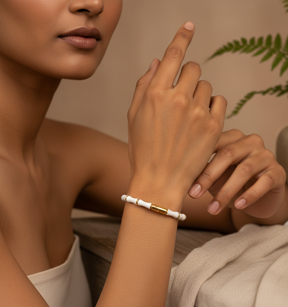 Elegant White Bamboo Bangle Bracelet for Young Teen Girls Gold Tone Accents - MVNFBRGD184
