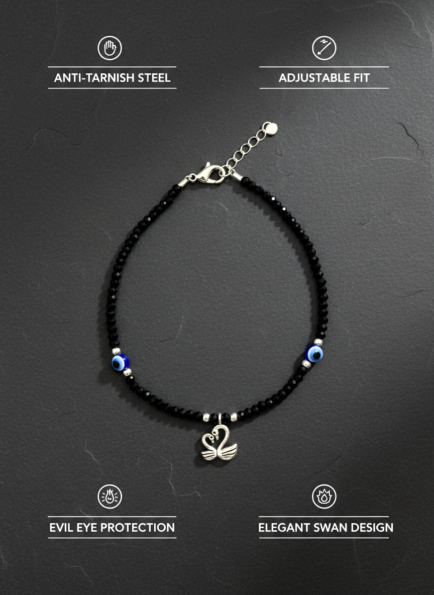 Tending Black Bead Anklet for Girls & Women |Evil Eye Protection | Silver Swan - MVDRAKSR105