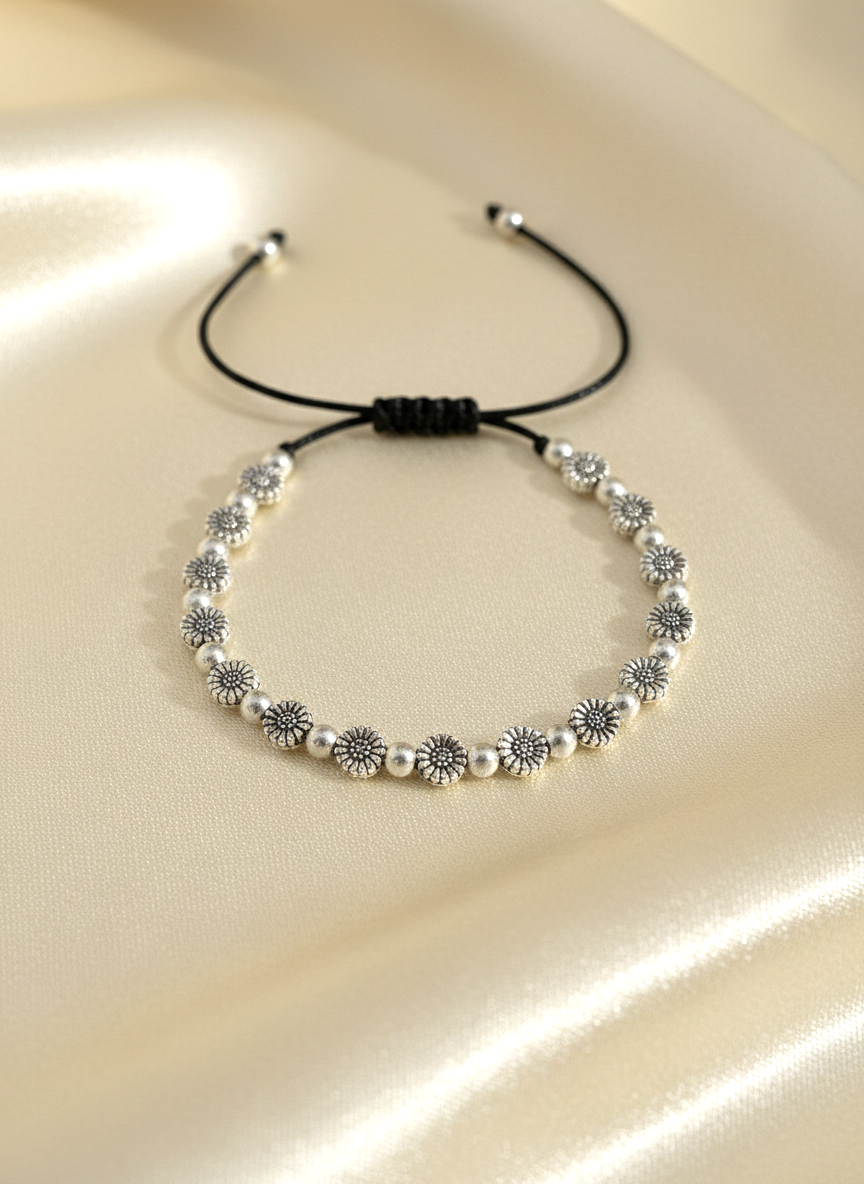 Silver Oxidised Floral Black Thread Anklet for Women and Girls - MVDRAKSR193