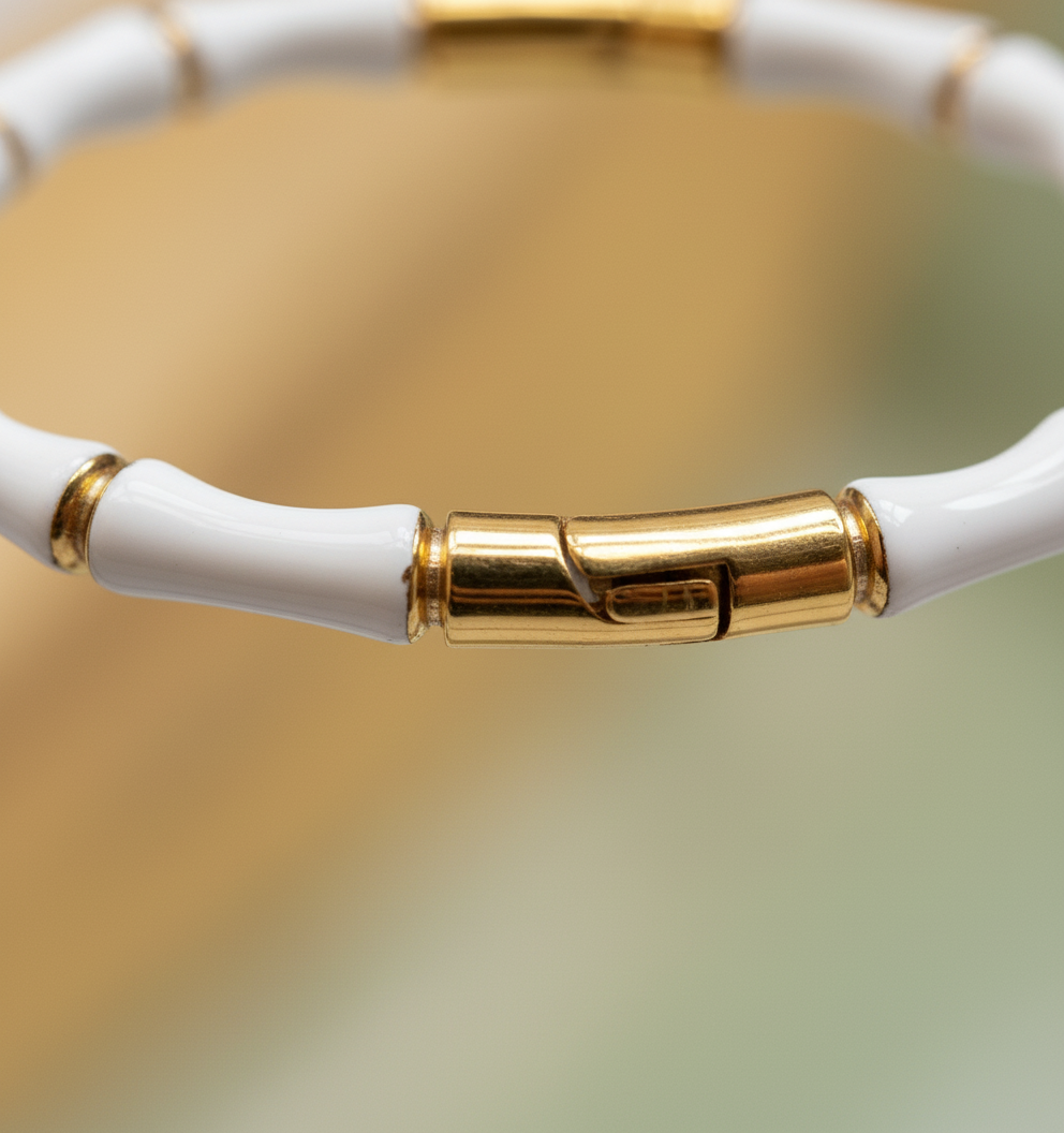 Elegant White Bamboo Bangle Bracelet for Young Teen Girls Gold Tone Accents - MVNFBRGD184