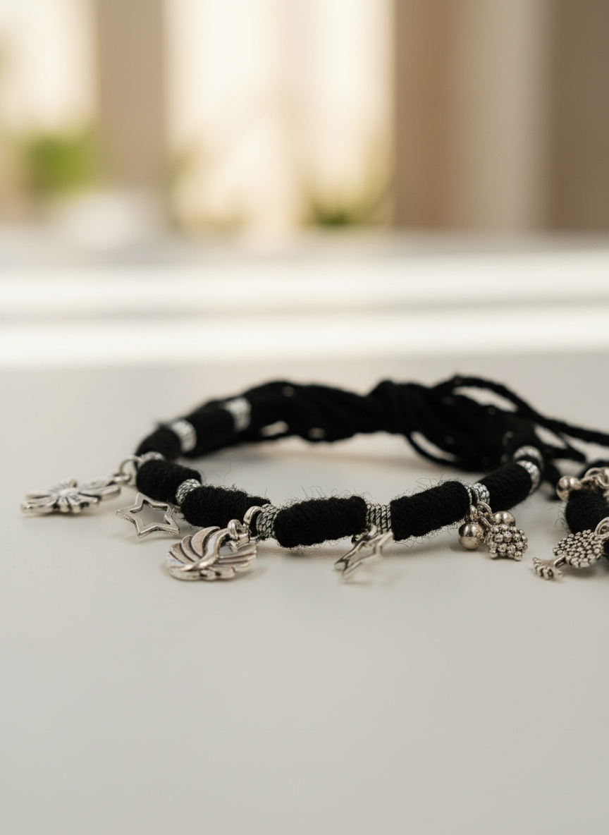 Combo of 2 Oxidized Silver Charm Black Thread Bracelets for Women and Girls - MVCMBRGD174