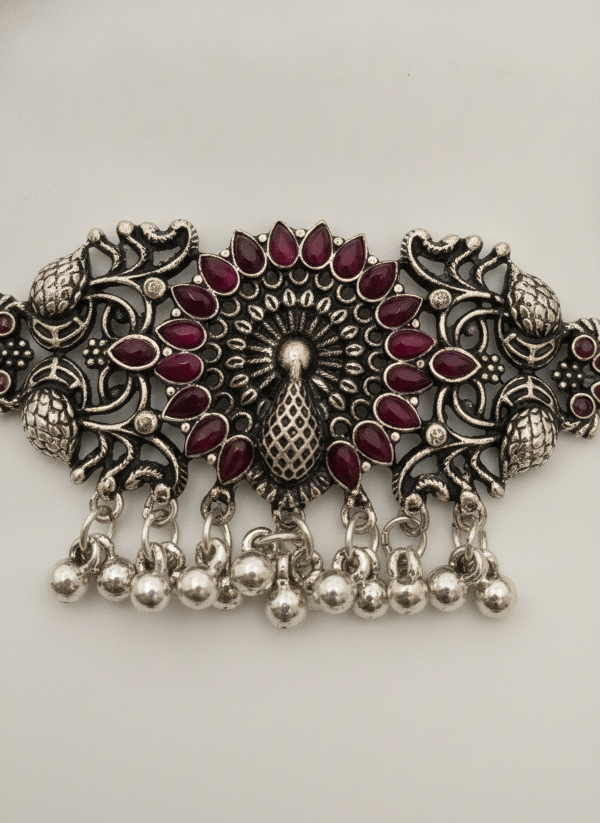 Oxidized Silver Maroon Beaded Peacock Choker Necklace Traditional Jewelry Set - MVJPSTSR206