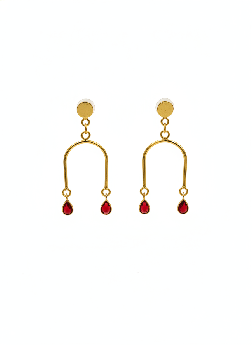 Gold Plated Contemporary Arch Drop Earrings with Ruby Red Teardrop Stones - MVJPERGD207