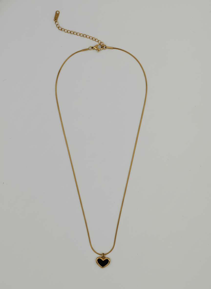 Elegant Black Heart Pendant Necklace for Women - Gold Color Plated Stainless Steel Snake Chain Jewelry - Minimalist Dainty Gift for Her - MVHSNKGD30