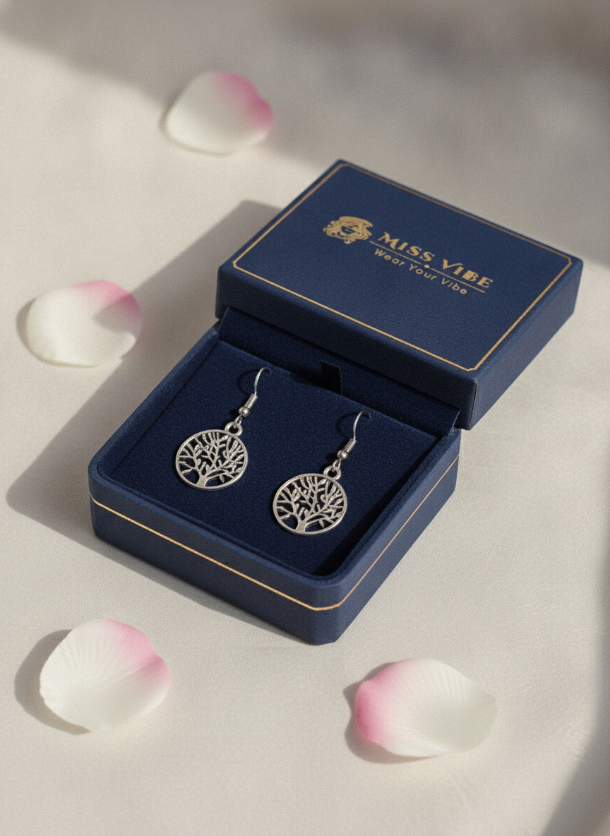 Oxidized Silver Tree of Life Drop Earrings for Women and Girls - MVJPERGD214