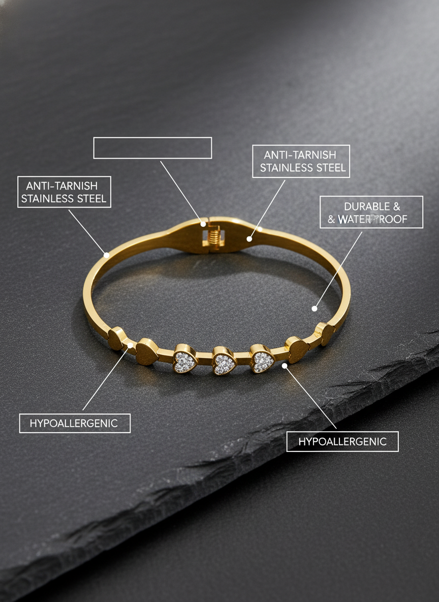 Gold Plated Crystal Heart Charm Bangle Bracelet for Women and Girls - MVANBRGD165