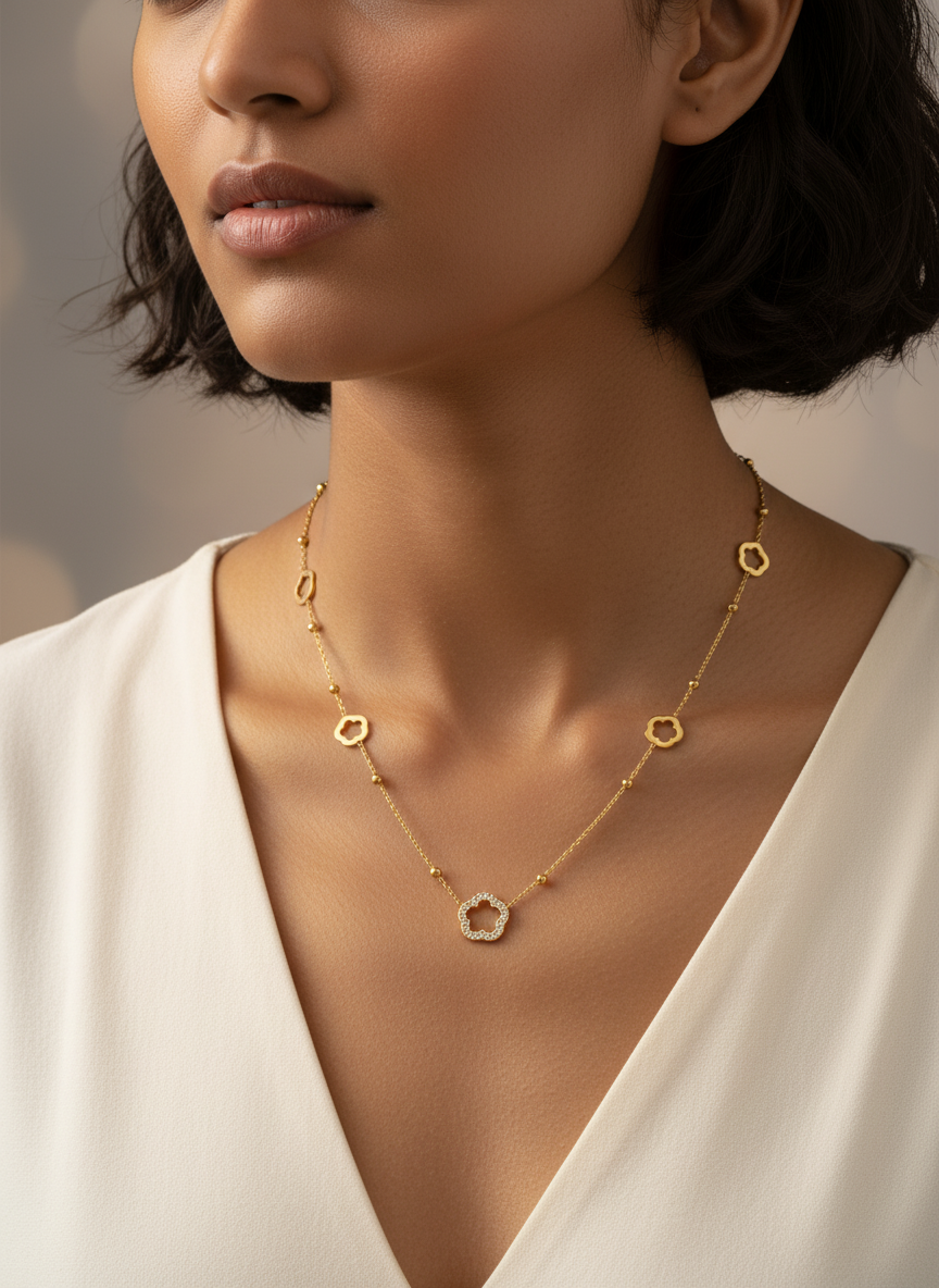 Gold Plated Flower Charm Necklace for Women Elegant Floral Chain Jewelry - MVANNKGD163