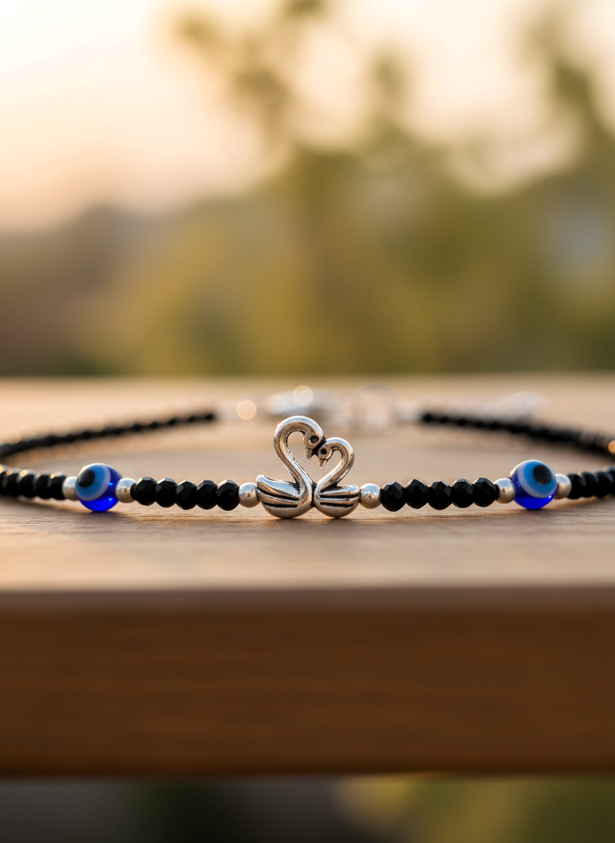 Tending Black Bead Anklet for Girls & Women |Evil Eye Protection | Silver Swan - MVDRAKSR105