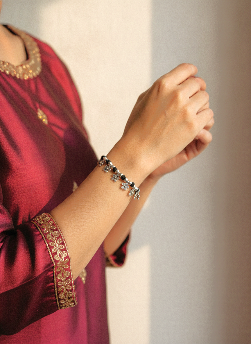 Silver Oxidized Black Thread Floral Charm Bracelet for Women and Girls - MVJPBRSR201
