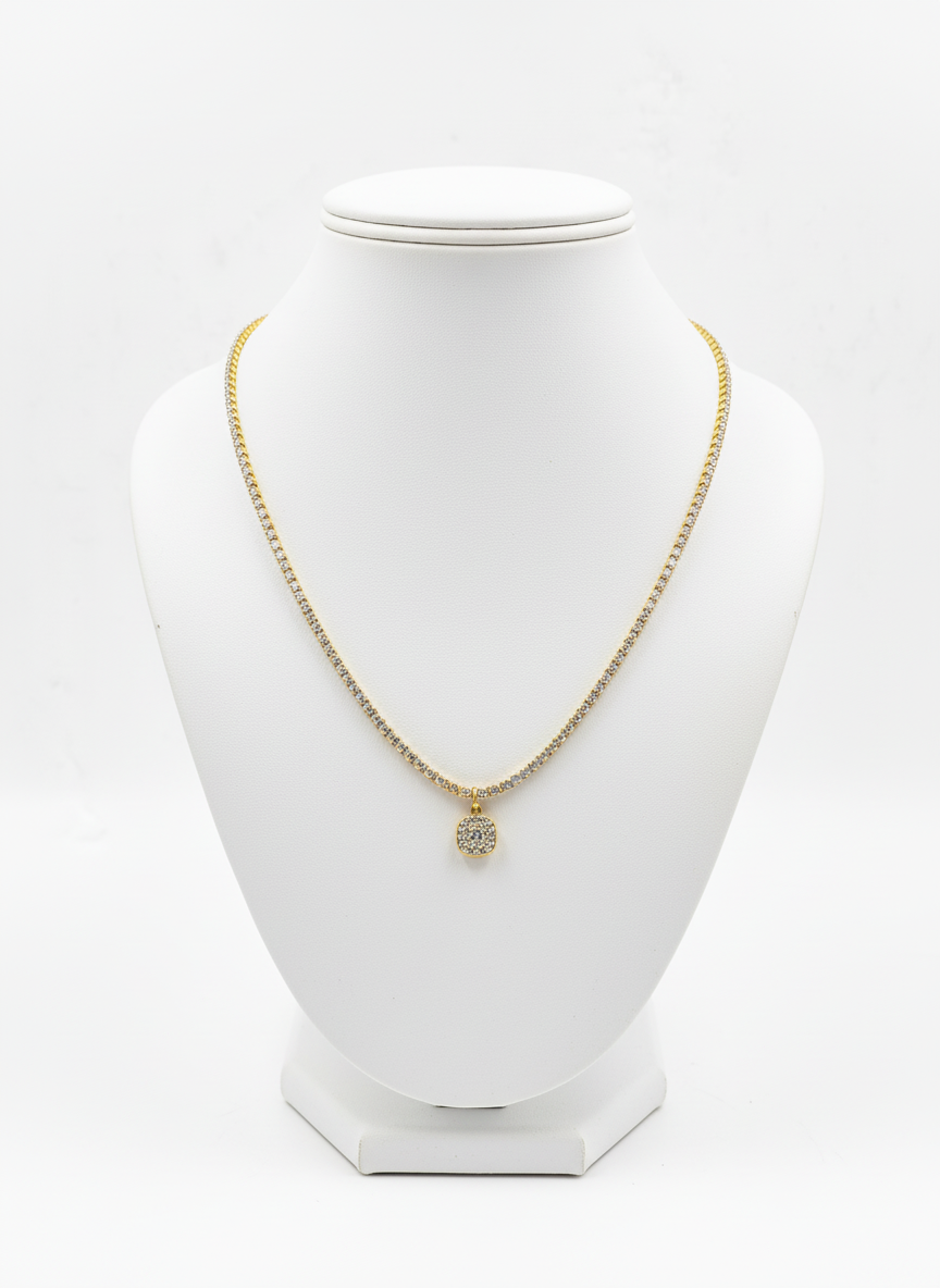 Gold Plated CZ Stone Studded Tennis Chain Necklace with ROUND  Pendant Women - MVANNKGD158