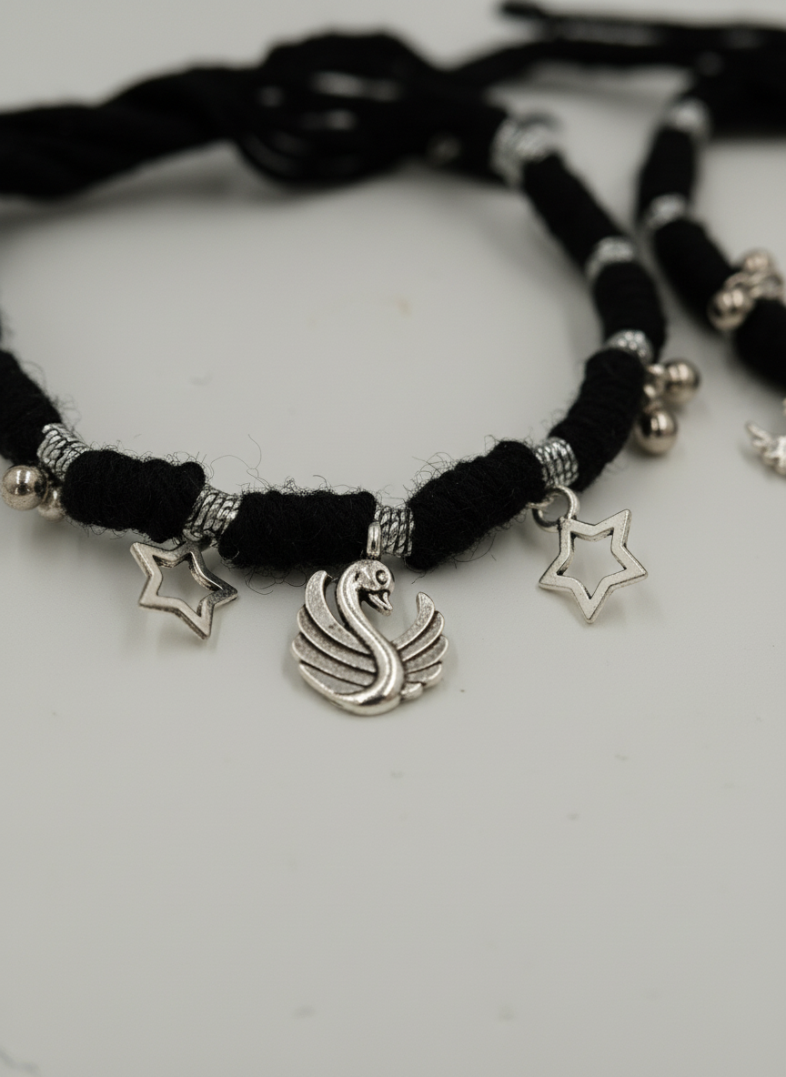 Combo of 2 Oxidized Silver Charm Black Thread Bracelets for Women and Girls - MVCMBRGD174