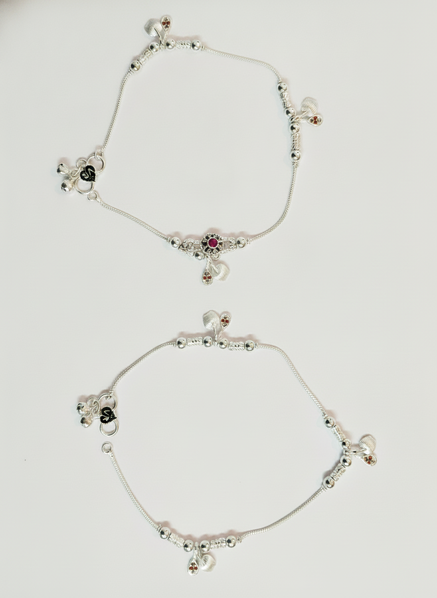 Women's Silver Plated Traditional Payal Heart Charm Anklets Pair for Girls - MVDRAKSR196