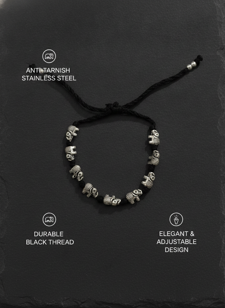 Silver Oxidised Elephant Black Thread Adjustable Bracelet for Women and Men - MVJPBRSR200