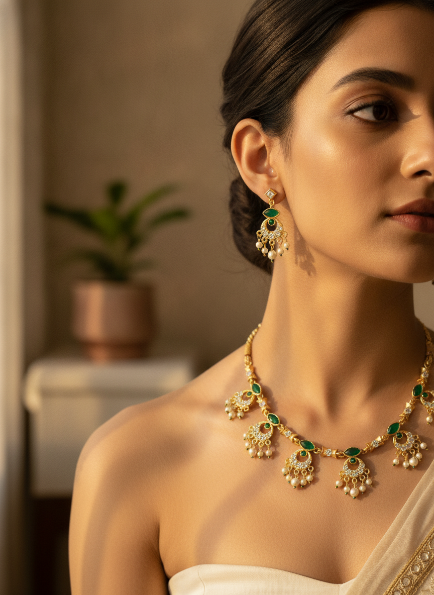 Gold Plated Green Stone and Pearl Necklace Jewelry Set for Women - MVJPSTGD204