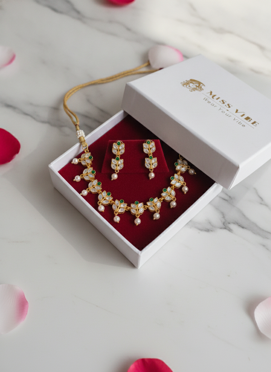 Gold Plated Green and White Stone Jewelry Set with Pearl Droplets - MVJPSTGD205