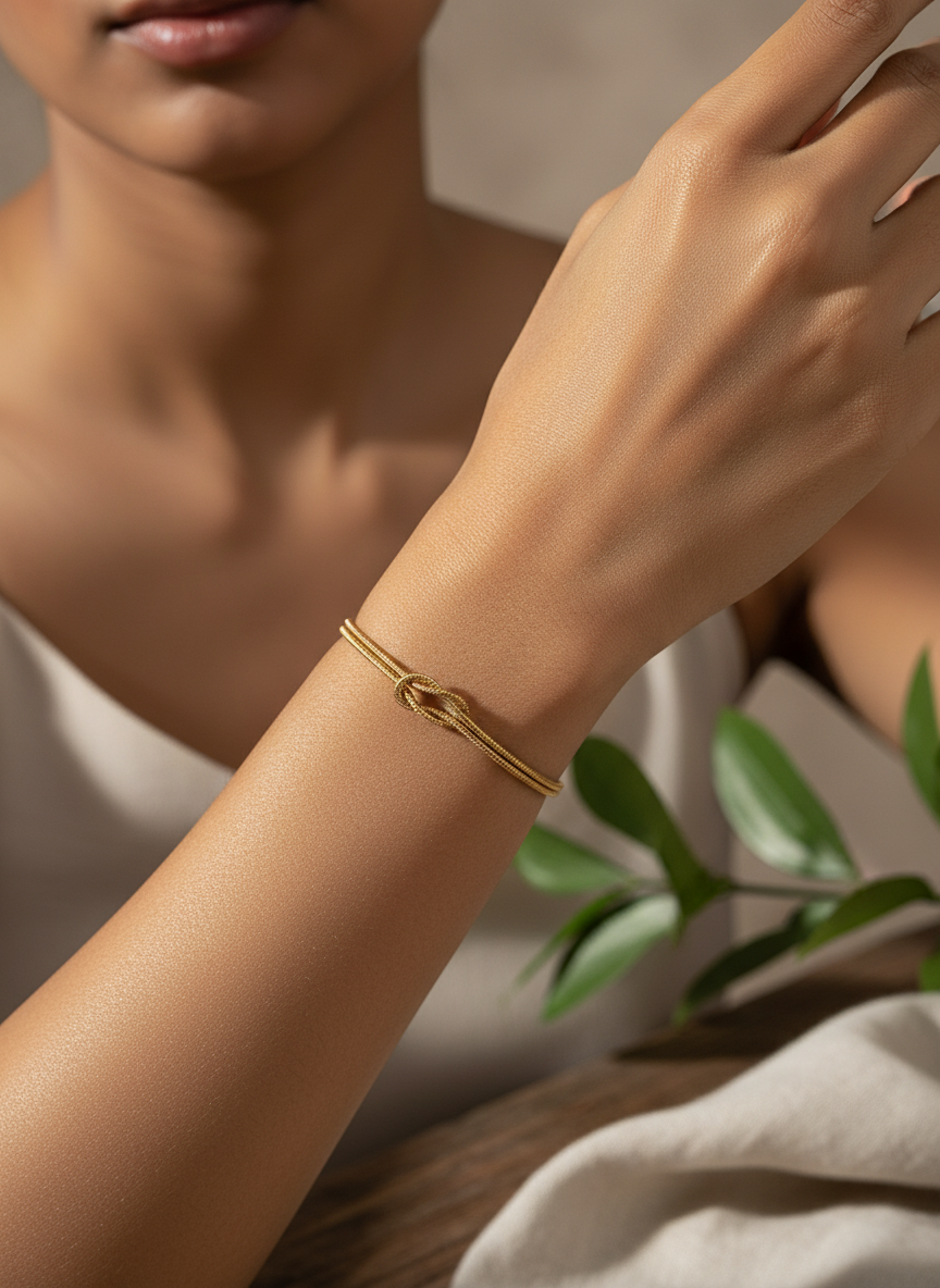Women Gold Plated Double Strand Snake Chain Love Knot Bracelet for Girls - MVKMBRGD168