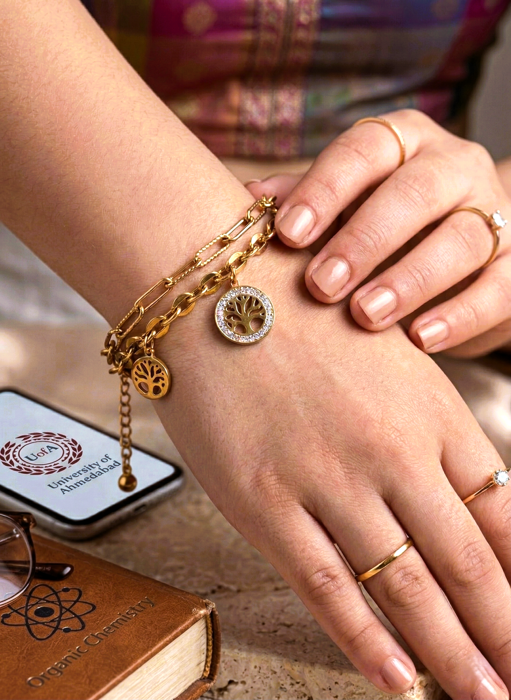 Gold Plated Tree of Life Triple Layered Charm Bracelet for Women and Girls - MVNFBRGD175
