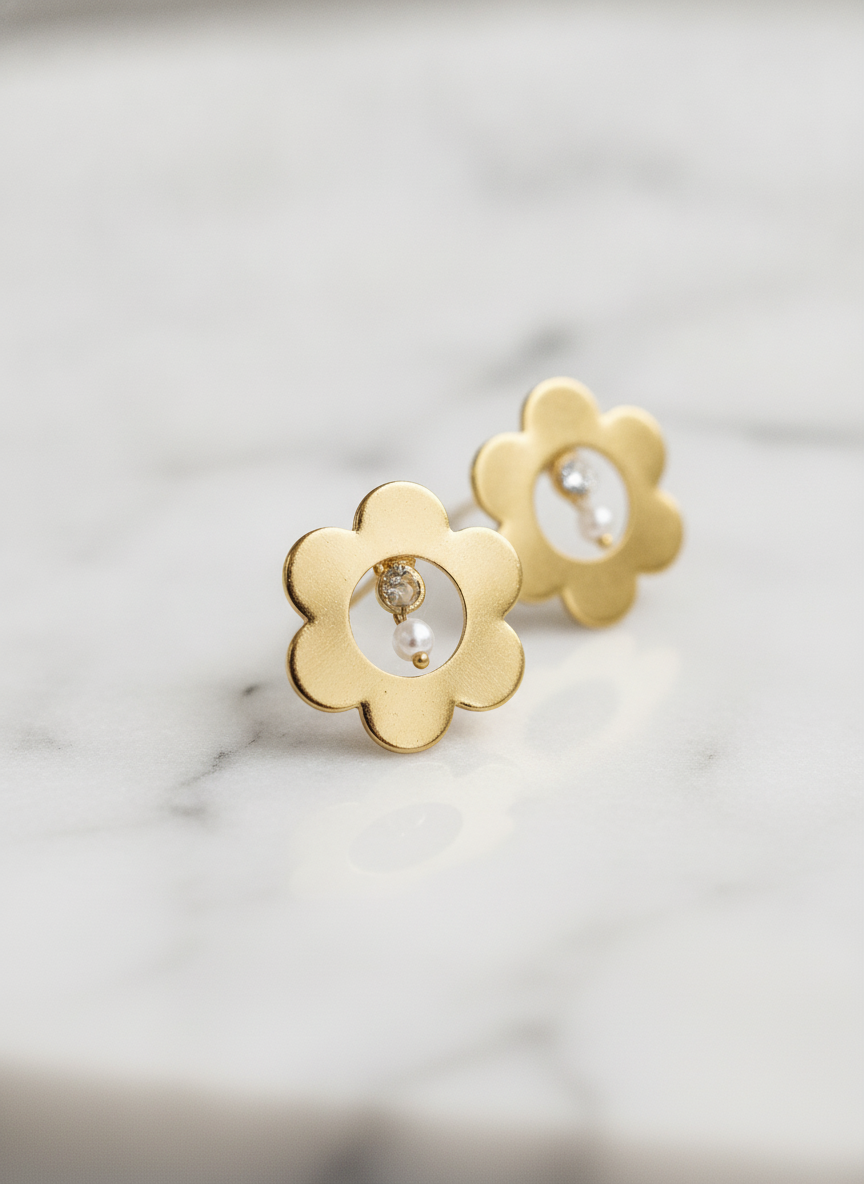 Gold Plated Flower Stud Earrings with Dangling Pearl for Women and Girls - MVJPERGD209