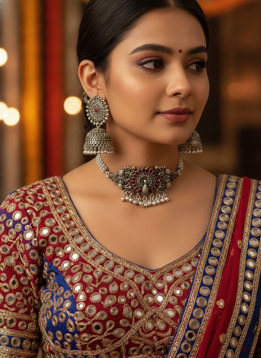 Oxidized Silver Maroon Beaded Peacock Choker Necklace Traditional Jewelry Set - MVJPSTSR206