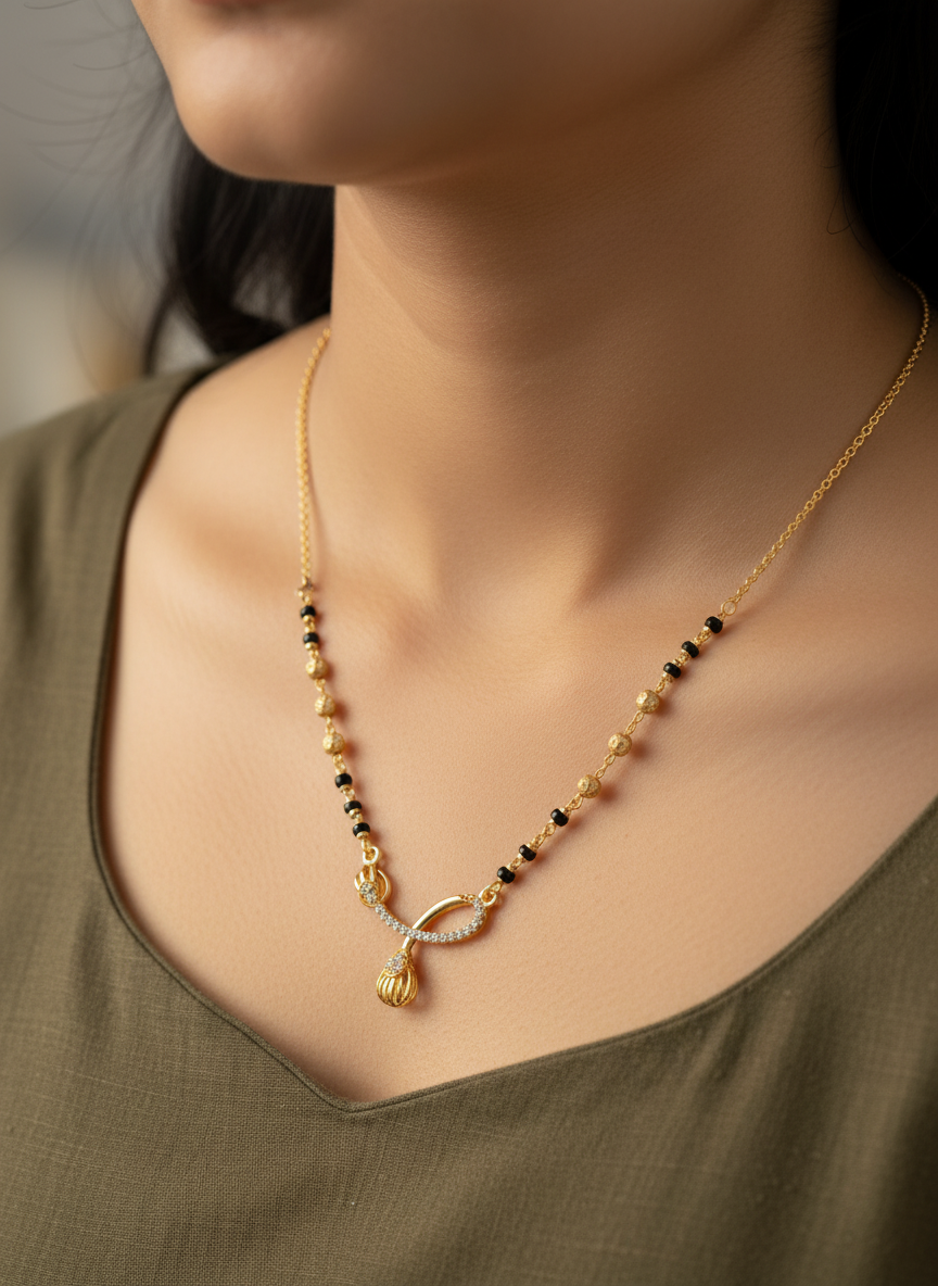 Elegant Gold Plated Mangalsutra for Women with CZ Studded Pendant and Black Beads - MVMFMSGD179