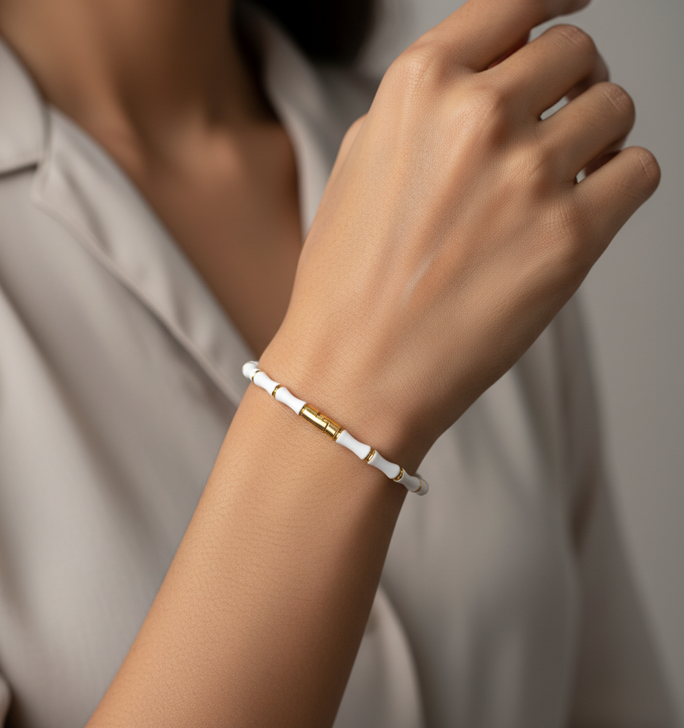 Elegant White Bamboo Bangle Bracelet for Young Teen Girls Gold Tone Accents - MVNFBRGD184