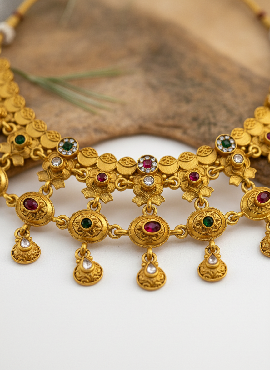 Ethnic Gold Plated Matte Necklace Set with Earrings and Maang Tikka for Women - MVMMSTGD185