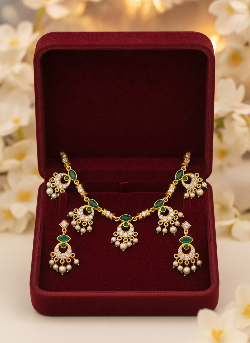Gold Plated Green Stone and Pearl Necklace Jewelry Set for Women - MVJPSTGD204
