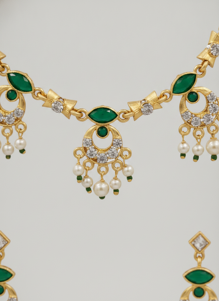 Gold Plated Green Stone and Pearl Necklace Jewelry Set for Women - MVJPSTGD204