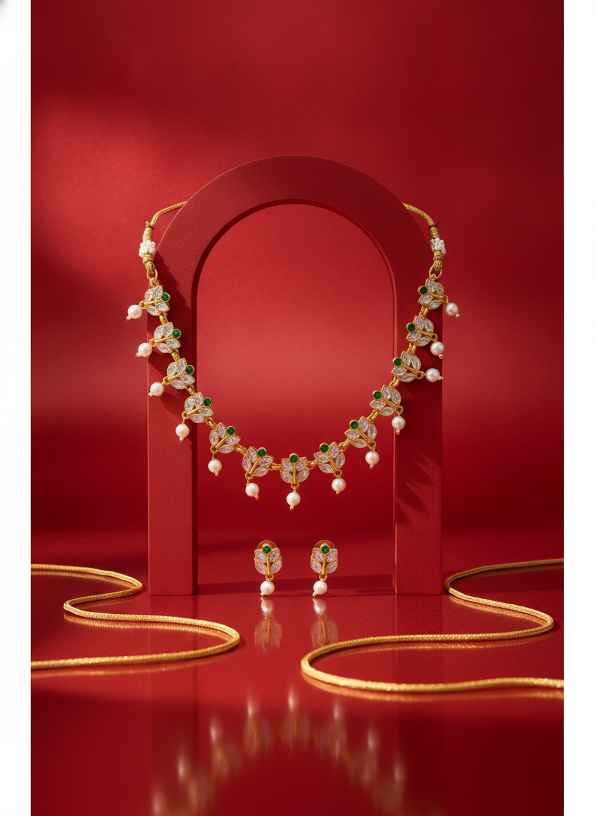 Gold Plated Green and White Stone Jewelry Set with Pearl Droplets - MVJPSTGD205