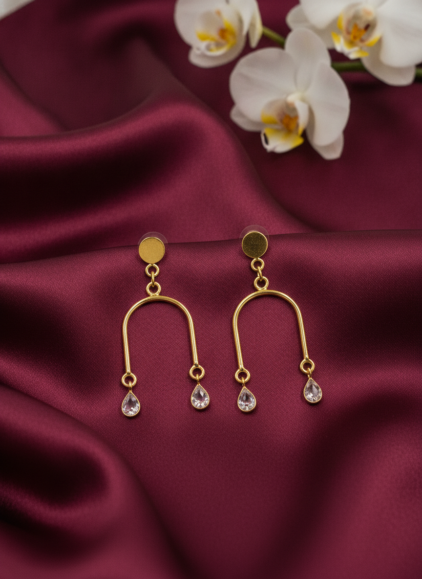 Elegant Gold Plated Arch Drop Earrings with Clear Teardrop Stones for Women - MVJPERGD208