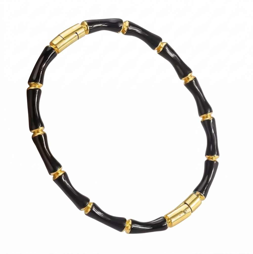 _80: Women Gold Plated Black Bamboo Segmented Bracelet Contemporary Bangle Jewelry - MVHSBRGD140
