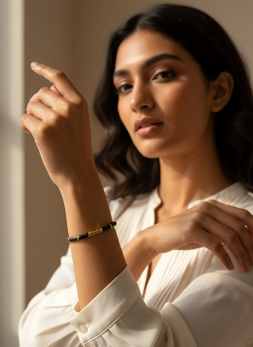 _80: Women Gold Plated Black Bamboo Segmented Bracelet Contemporary Bangle Jewelry - MVHSBRGD140